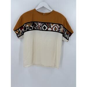 Lilli Ann Vintage Blouse Shirt Womens 8 White Brown Geometric Tribal 80s Sheer